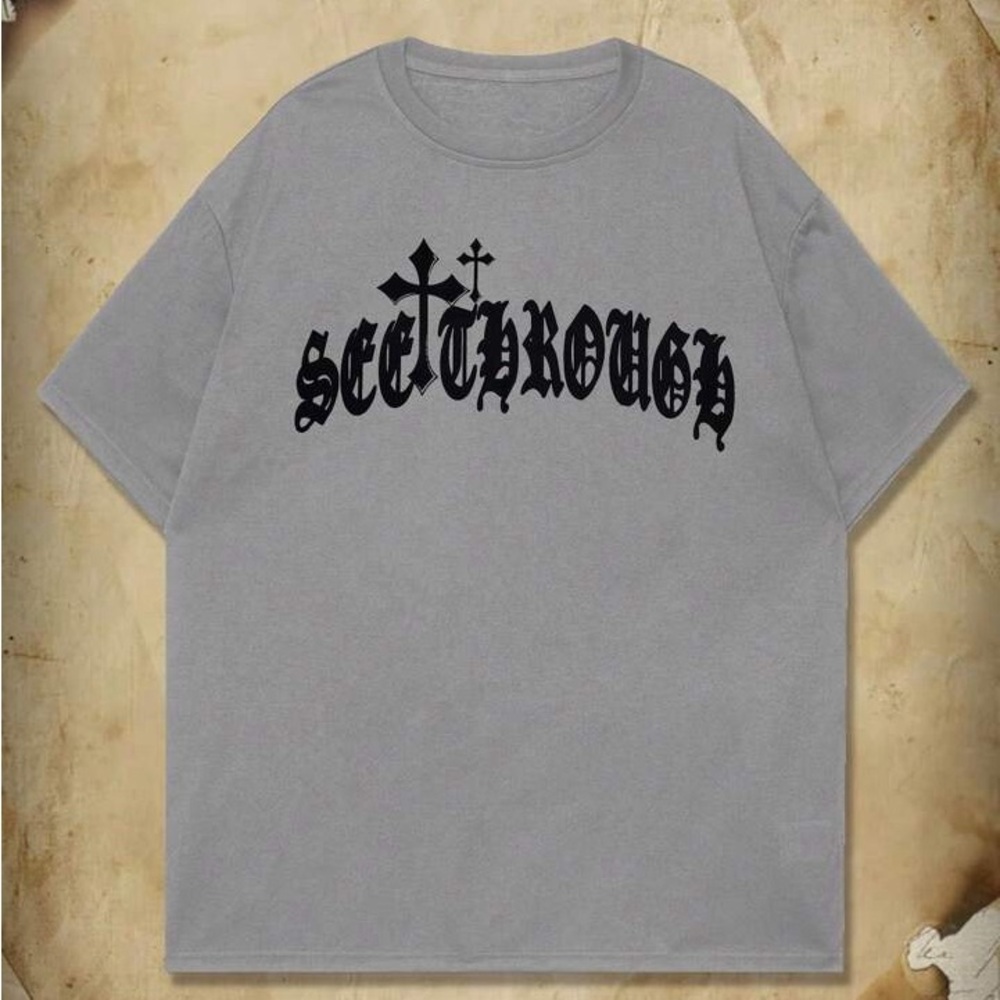 ROMWE Gray Gothic Bold Black Print Graphic Tee Like New Size Small “See Through”